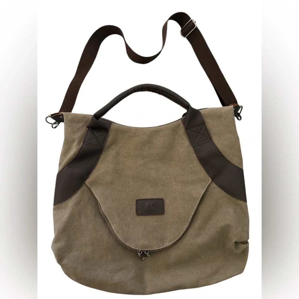 K2 Classic Fashion The Genova Hobo Tote Bag Green Canvas & Leather 18”x16”